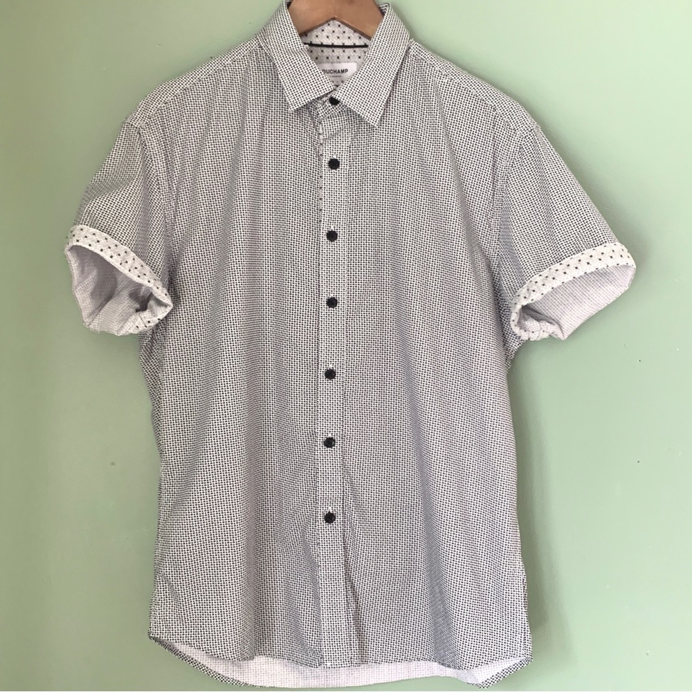 DUCHAMP Mens crisp cotton short sleeve button-down shirt black white check M